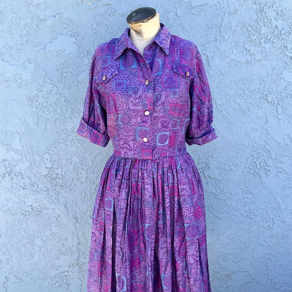 Vintage 1950s Dress Size Small Purple Mid Century Casual Fit and Flare